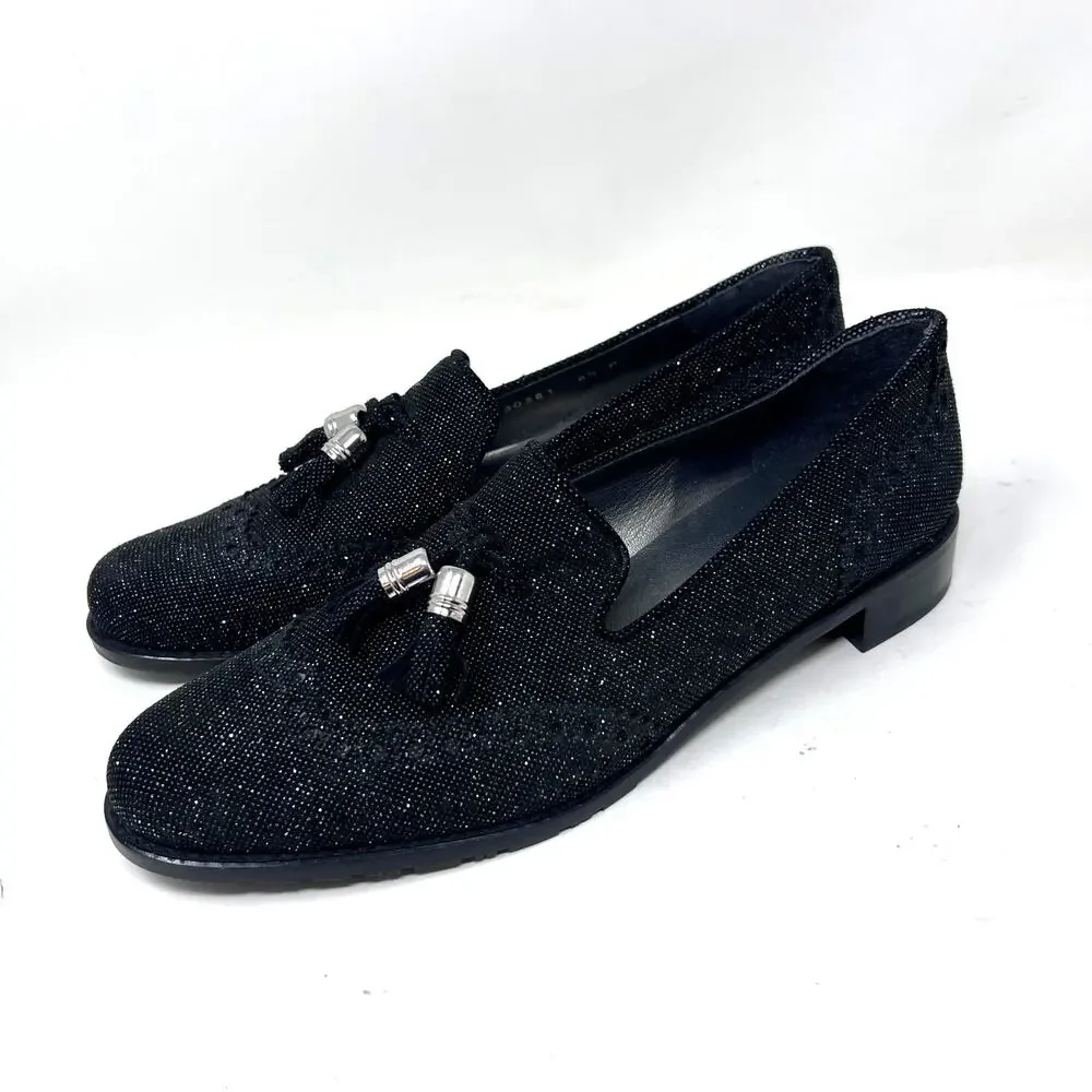 Stuart Weitzman Guy Thing Black Glitter Tassel Block Heel Loafers Womens 8.5 M‎